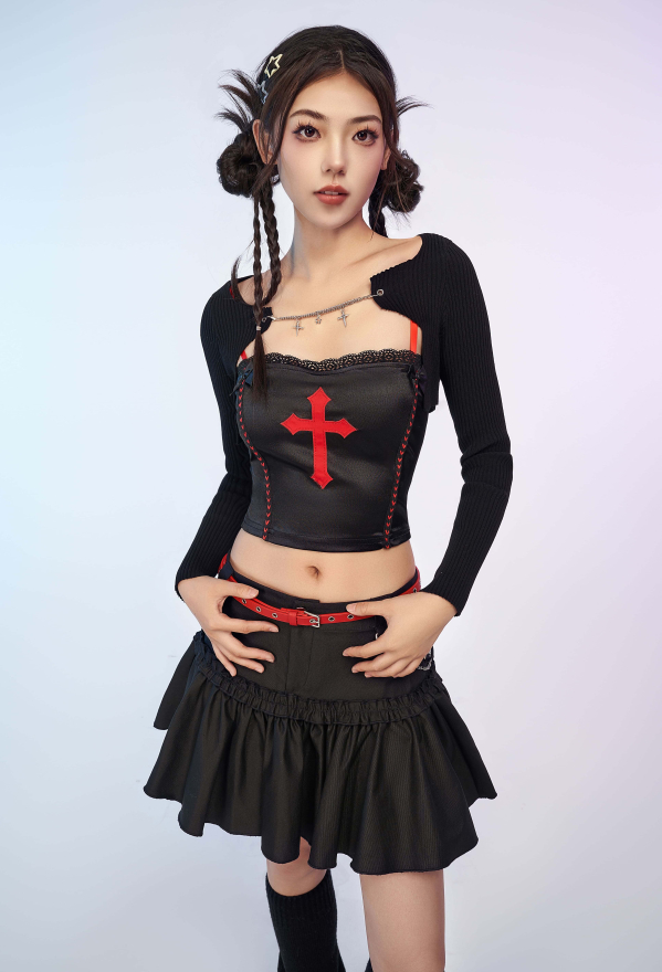Gothic Black Fitted Knit Cardigan Grunge Style Outwear Crop Top with Chains