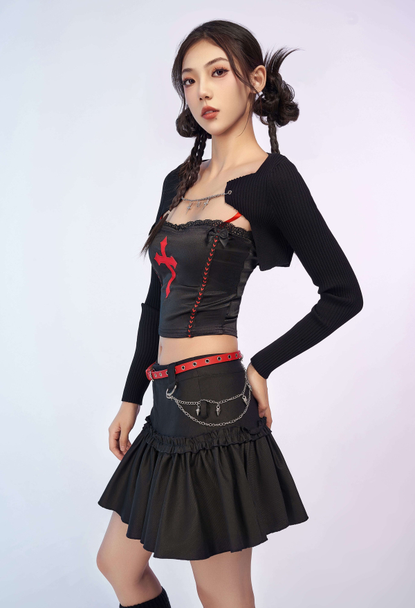 Gothic Black Fitted Knit Cardigan Grunge Style Outwear Crop Top with Chains