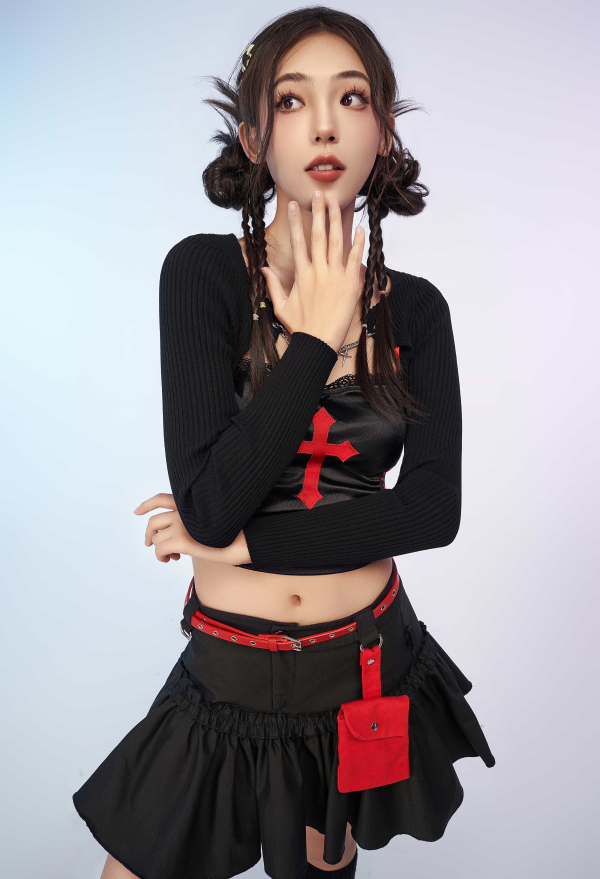 Gothic Black Fitted Knit Cardigan Grunge Style Outwear Crop Top with Chains