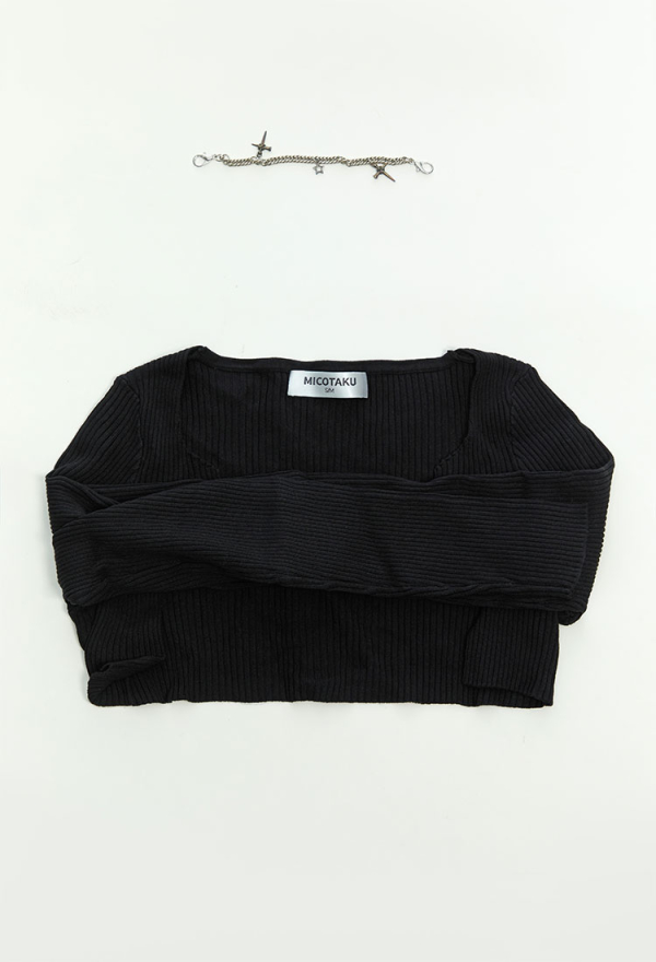 Gothic Black Fitted Knit Cardigan Grunge Style Outwear Crop Top with Chains