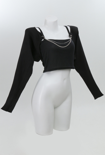 Women Black Long Sleeve Crop Knit Cardigan with Chain