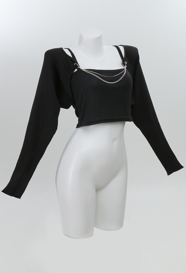 Women Black Long Sleeve Crop Knit Cardigan with Chain