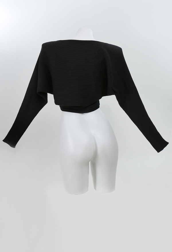 Women Black Long Sleeve Crop Knit Cardigan with Chain