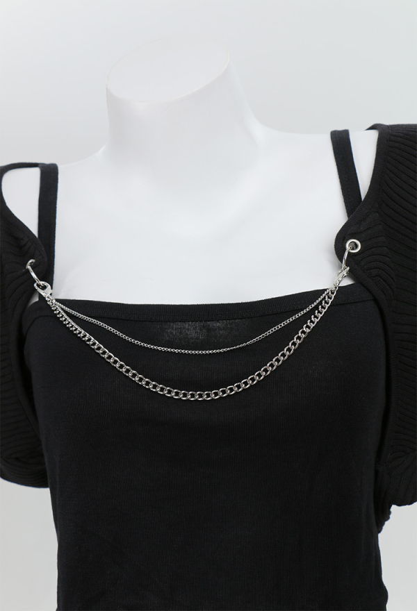 Women Black Long Sleeve Crop Knit Cardigan with Chain