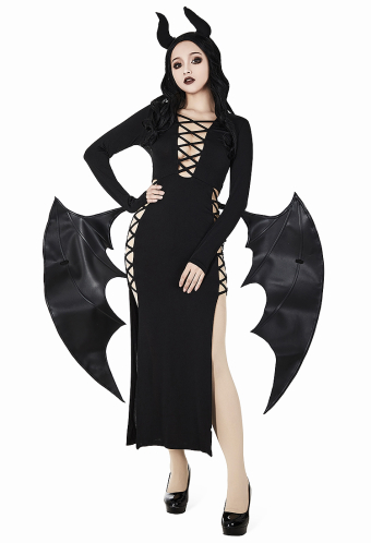 MIDNIGHT DEVIL Gothic Vintage Succubus Style Dress Black Halloween Dress with Removable Wings