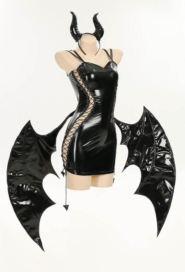 MIDNIGHT DEVIL Succubus Style Sexy Dress Black PU Leather Dress with Detachable Wings and Horns MIDNIGHT DEVIL Succubus Style Sexy Dress Black PU Leather Dress with Detachable Wings and Horns