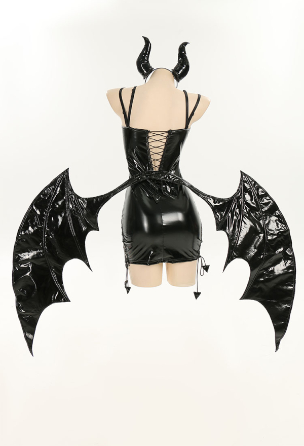 MIDNIGHT DEVIL Succubus Style Sexy Dress Black PU Leather Dress with Detachable Wings and Horns MIDNIGHT DEVIL Succubus Style Sexy Dress Black PU Leather Dress with Detachable Wings and Horns