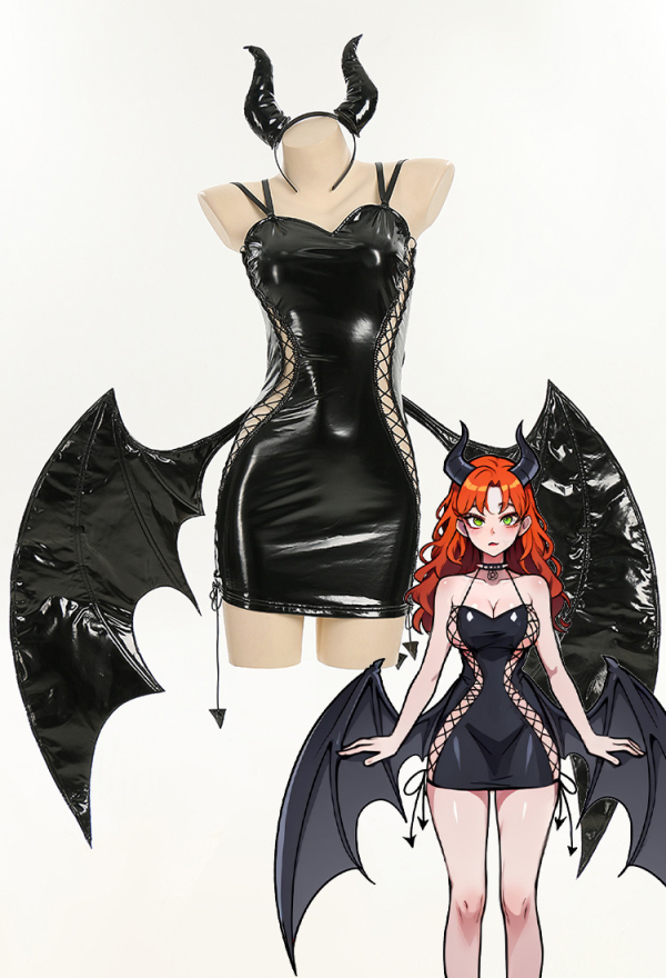 MIDNIGHT DEVIL Succubus Style Sexy Dress Black PU Leather Dress with Detachable Wings and Horns MIDNIGHT DEVIL Succubus Style Sexy Dress Black PU Leather Dress with Detachable Wings and Horns
