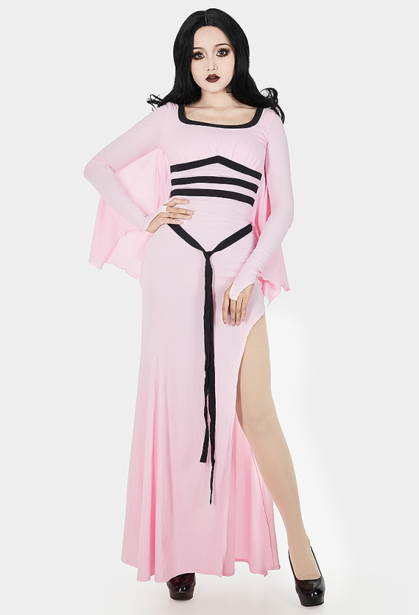 Elegant Rose Vampire Gothic Hood Dress Pink Bat Hem Sleeves Slit Dress Elegant Rose Vampire Gothic Hood Dress Pink Bat Hem Sleeves Slit Dress