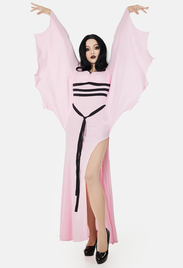 Elegant Rose Vampire Gothic Hood Dress Pink Bat Hem Sleeves Slit Dress Elegant Rose Vampire Gothic Hood Dress Pink Bat Hem Sleeves Slit Dress