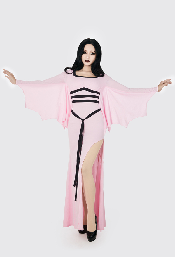 Elegant Rose Vampire Gothic Hood Dress Pink Bat Hem Sleeves Slit Dress Elegant Rose Vampire Gothic Hood Dress Pink Bat Hem Sleeves Slit Dress