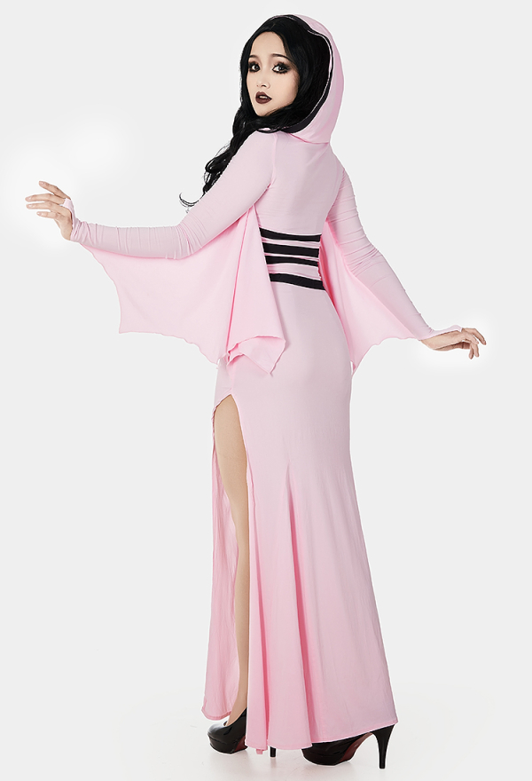 Elegant Rose Vampire Gothic Hood Dress Pink Bat Hem Sleeves Slit Dress Elegant Rose Vampire Gothic Hood Dress Pink Bat Hem Sleeves Slit Dress