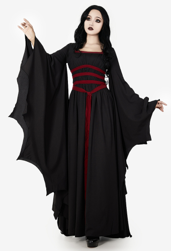 Dark Vampire Gothic Vintage Slim Dress Black Bat Hem Sleeves Dress with Blood Red Waistband
