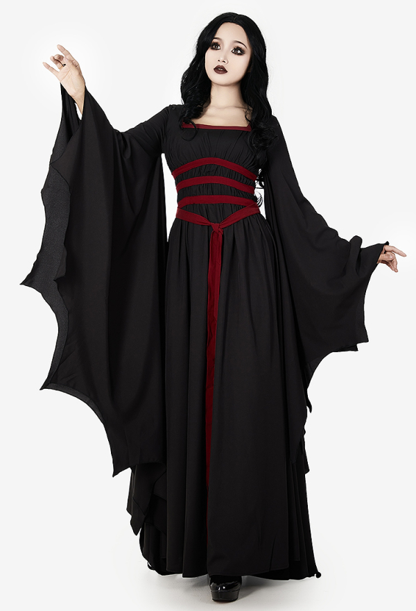 Dark Vampire Gothic Vintage Slim Dress Black Bat Hem Sleeves Dress with Blood Red Waistband Dark Vampire Gothic Vintage Slim Dress Black Bat Hem Sleeves Dress with Blood Red Waistband