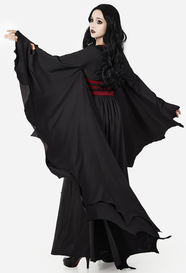 Dark Vampire Gothic Vintage Slim Dress Black Bat Hem Sleeves Dress with Blood Red Waistband Dark Vampire Gothic Vintage Slim Dress Black Bat Hem Sleeves Dress with Blood Red Waistband