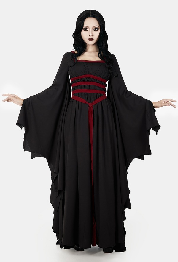 Dark Vampire Gothic Vintage Slim Dress Black Bat Hem Sleeves Dress with Blood Red Waistband Dark Vampire Gothic Vintage Slim Dress Black Bat Hem Sleeves Dress with Blood Red Waistband