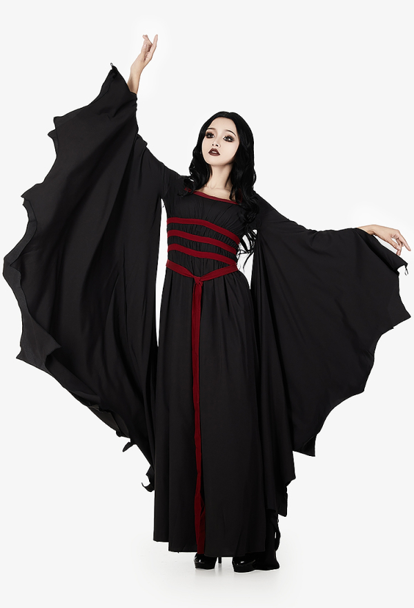 Dark Vampire Gothic Vintage Slim Dress Black Bat Hem Sleeves Dress with Blood Red Waistband Dark Vampire Gothic Vintage Slim Dress Black Bat Hem Sleeves Dress with Blood Red Waistband