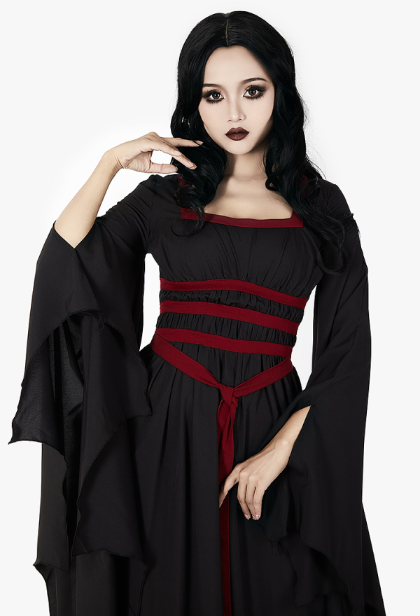 Dark Vampire Gothic Vintage Slim Dress Black Bat Hem Sleeves Dress with Blood Red Waistband Dark Vampire Gothic Vintage Slim Dress Black Bat Hem Sleeves Dress with Blood Red Waistband
