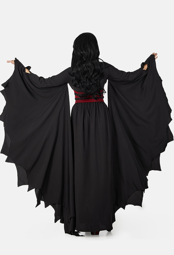 Dark Vampire Gothic Vintage Slim Dress Black Bat Hem Sleeves Dress with Blood Red Waistband Dark Vampire Gothic Vintage Slim Dress Black Bat Hem Sleeves Dress with Blood Red Waistband