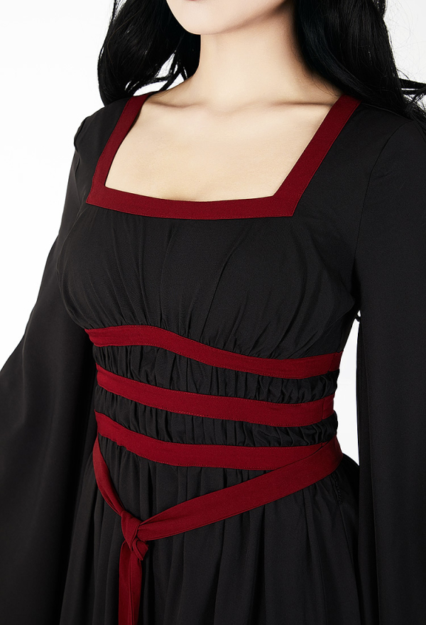 Dark Vampire Gothic Vintage Slim Dress Black Bat Hem Sleeves Dress with Blood Red Waistband Dark Vampire Gothic Vintage Slim Dress Black Bat Hem Sleeves Dress with Blood Red Waistband