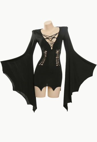 Dark Witch Gothic Elegant Minidress Cross Strap Design Bat Hem Sleeves Dress
