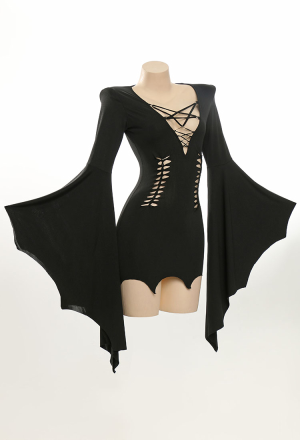 Dark Witch Gothic Elegant Minidress Cross Strap Design Bat Hem Sleeves Dress Dark Witch Gothic Elegant Minidress Cross Strap Design Bat Hem Sleeves Dress