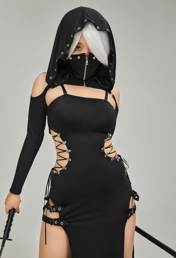 DARK BREATH Gothic Ninja Style Long Dress Black Hooded Split Dress with Mask