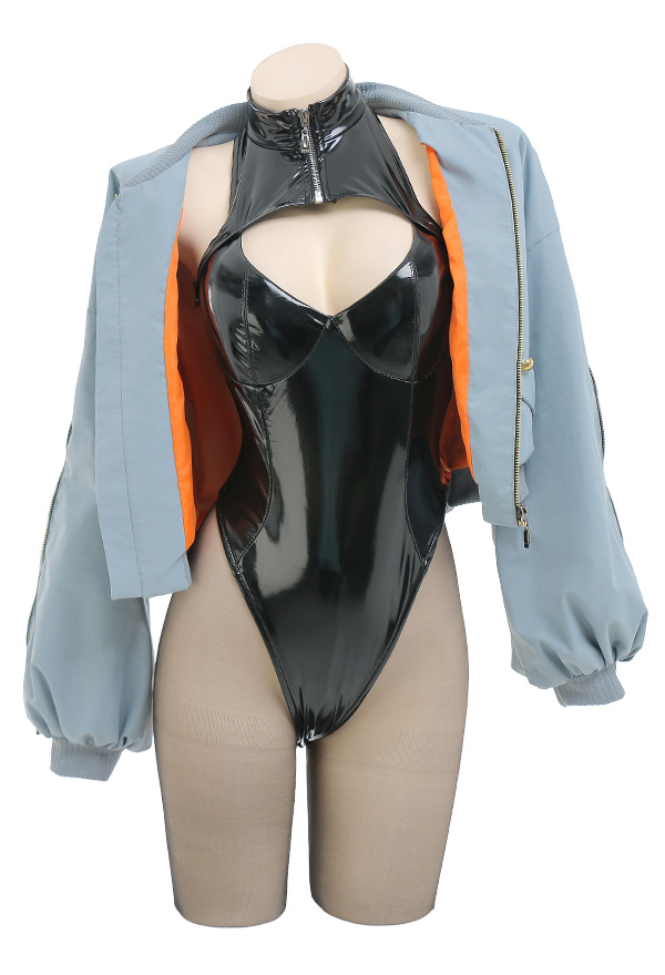 Luna Women Gothic Black Halter Cutout Leather Bodysuit with Coat Stockings Mask