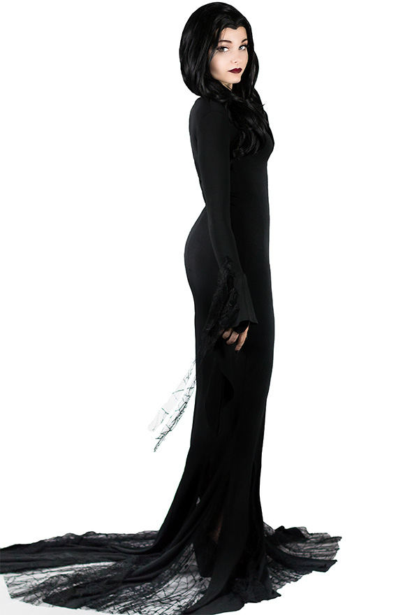 Vampire Queen Morticia Gothic Trumpet Sleeve Dress Black V Neck Back Zip Fastening Halloween Costume Vampire Queen Morticia Gothic Trumpet Sleeve Dress Black V Neck Back Zip Fastening Halloween Costume
