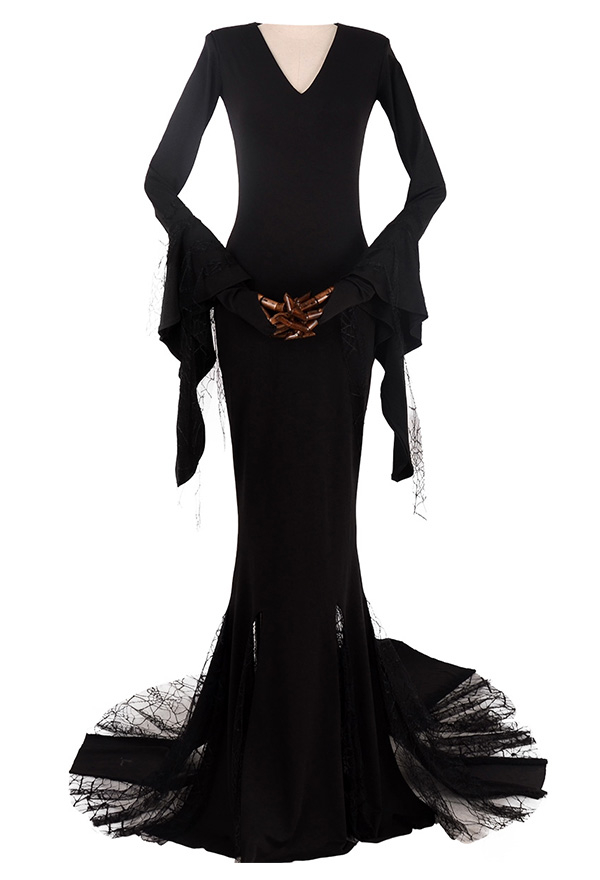 Vampire Queen Morticia Gothic Trumpet Sleeve Dress Black V Neck Back Zip Fastening Halloween Costume Vampire Queen Morticia Gothic Trumpet Sleeve Dress Black V Neck Back Zip Fastening Halloween Costume