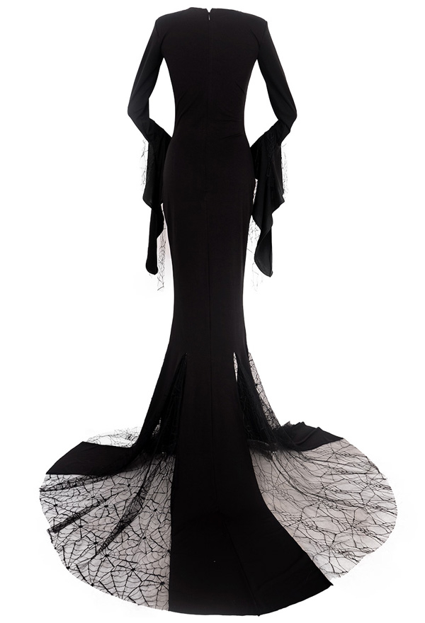 Vampire Queen Morticia Gothic Trumpet Sleeve Dress Black V Neck Back Zip Fastening Halloween Costume Vampire Queen Morticia Gothic Trumpet Sleeve Dress Black V Neck Back Zip Fastening Halloween Costume