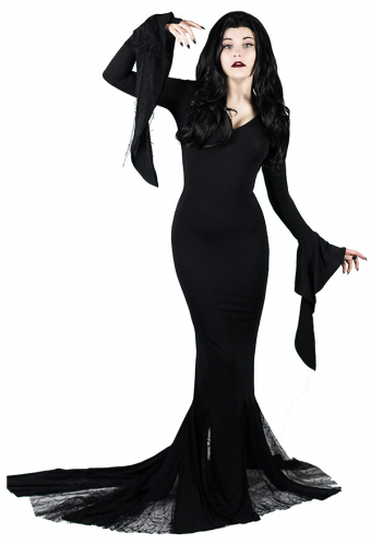 Vampire Queen Morticia Gothic Trumpet Sleeve Dress Black V Neck Back Zip Fastening Halloween Costume