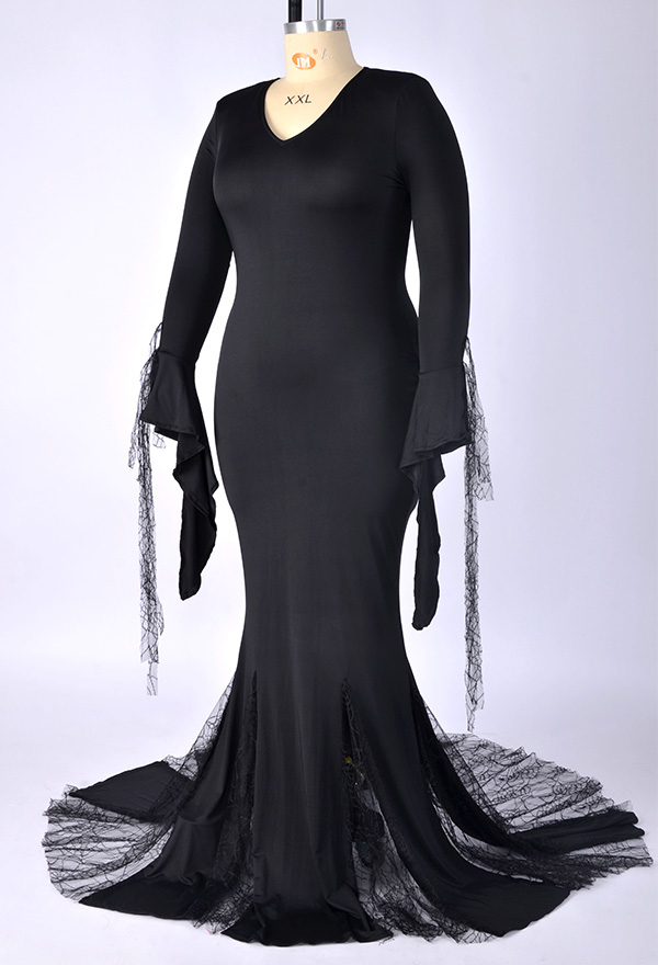 Morticia Gothic Halloween Costume Dress Black Spandex Trumpet Sleeve Back Zip Dress Plus Size