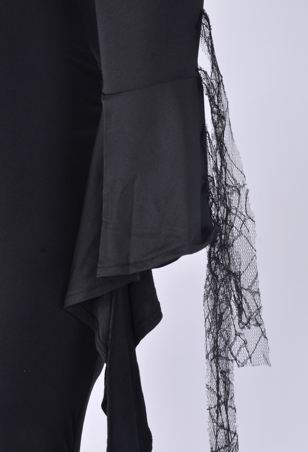 Morticia Gothic Halloween Costume Dress Black Spandex Trumpet Sleeve Back Zip Dress Plus Size