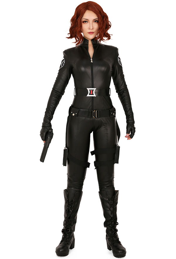 Women Special Agent Cool Uniform Bodysuit Gothic Black PU Leather Front Zipper Jumpsuit Halloween Costume with Belt