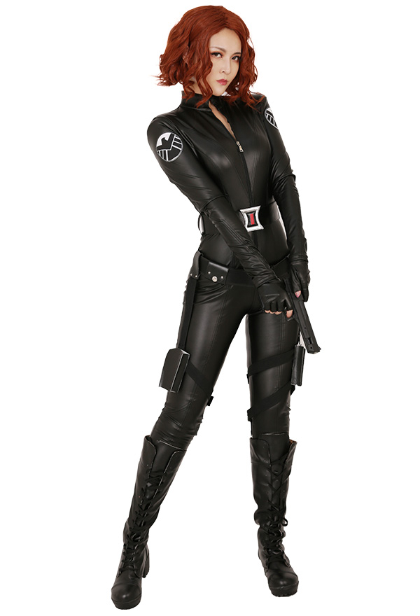 Women Special Agent Cool Uniform Bodysuit Gothic Black PU Leather Front Zipper Jumpsuit Halloween Costume with Belt