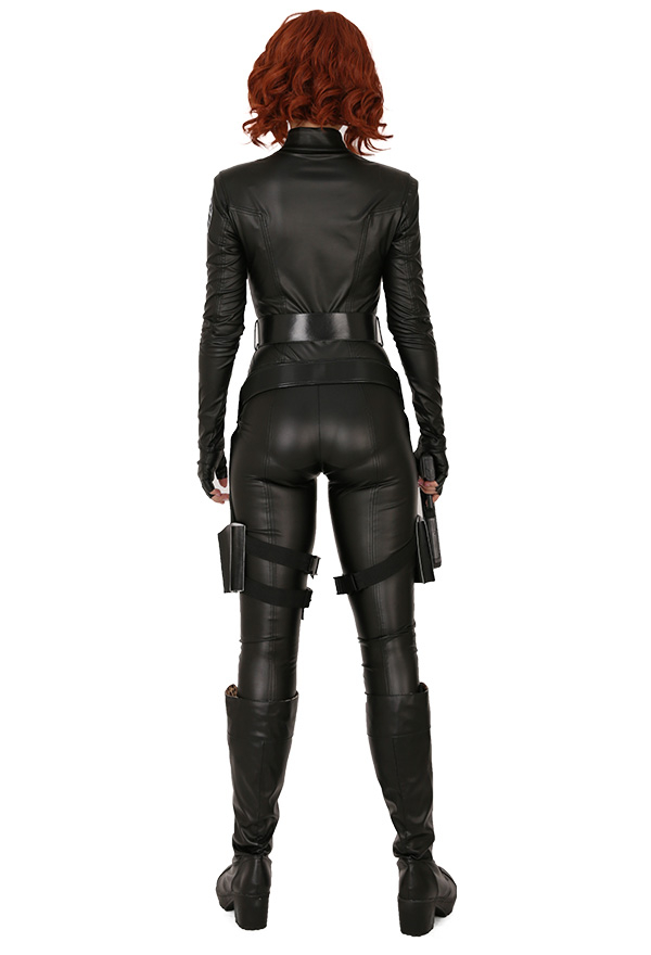 Women Special Agent Cool Uniform Bodysuit Gothic Black PU Leather Front Zipper Jumpsuit Halloween Costume with Belt