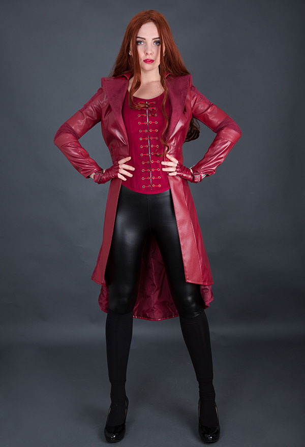 Women Gothic Vampire Witch Costume Dark Red PU Leather Over-the-knee Coat for Halloween Party Make to Order