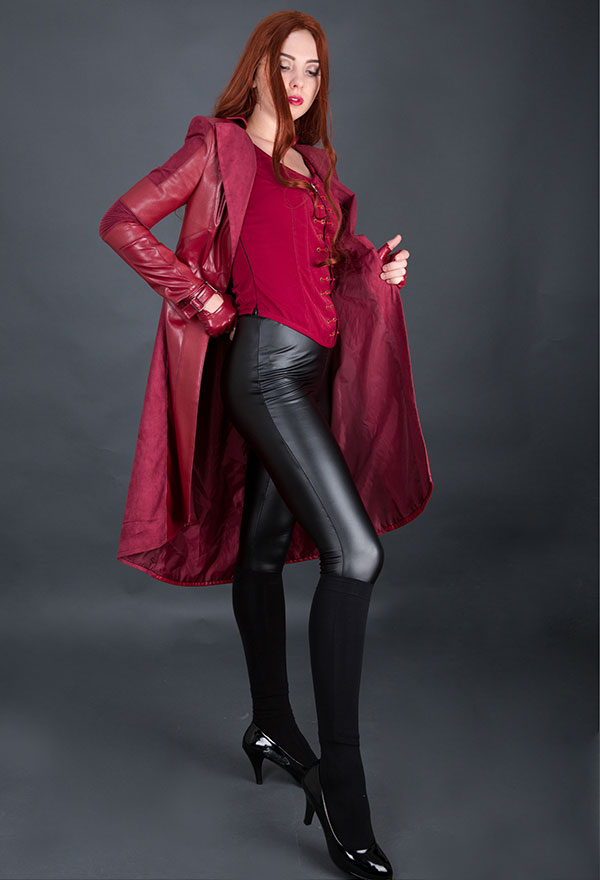 Women Gothic Vampire Witch Costume Dark Red PU Leather Over-the-knee Coat for Halloween Party Make to Order