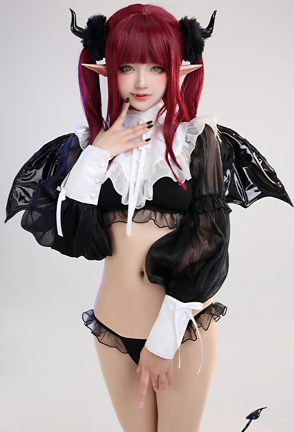 Spell on U Gothic KM Bat Style Lace Hem Long Sleeve Top and Panty Sexy Lingerie Set