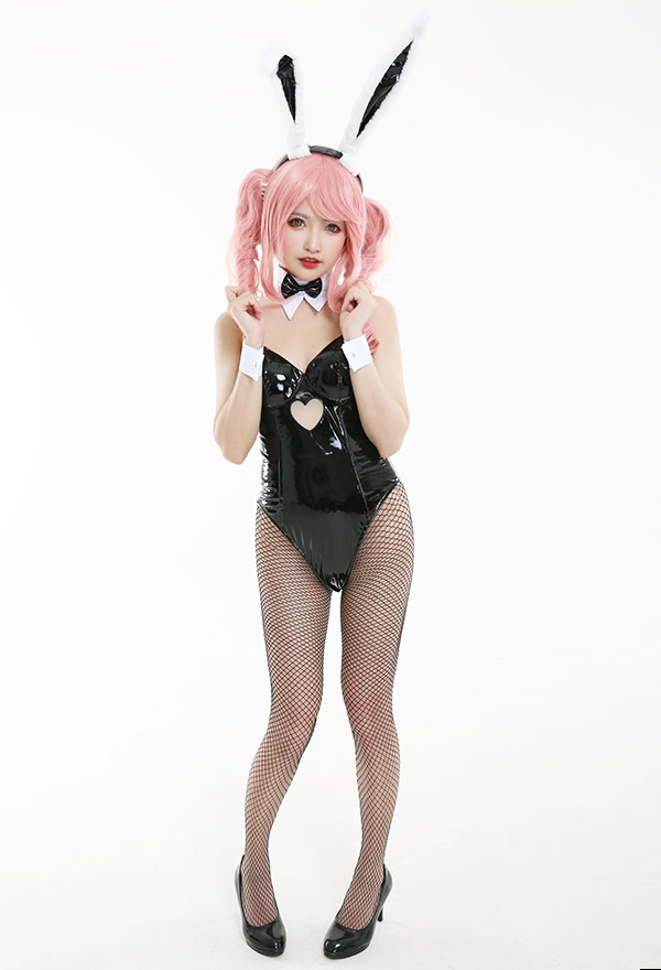 Bunny Girl Fascinating One-Piece Bodysuit PU Leather Heart Shaped Hollow Out Front Bodycon Bodysuit Full set