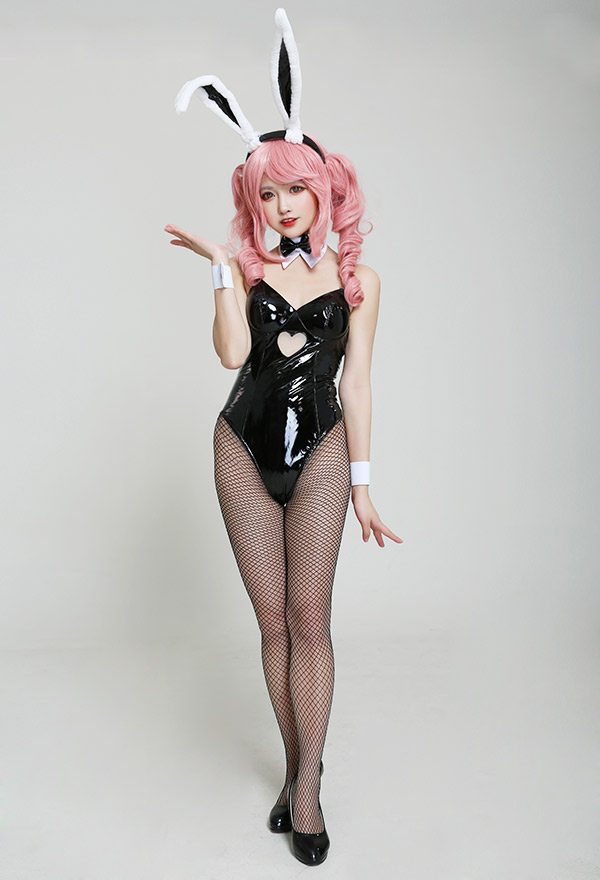 Bunny Girl Fascinating One-Piece Bodysuit PU Leather Heart Shaped Hollow Out Front Bodycon Bodysuit Full set