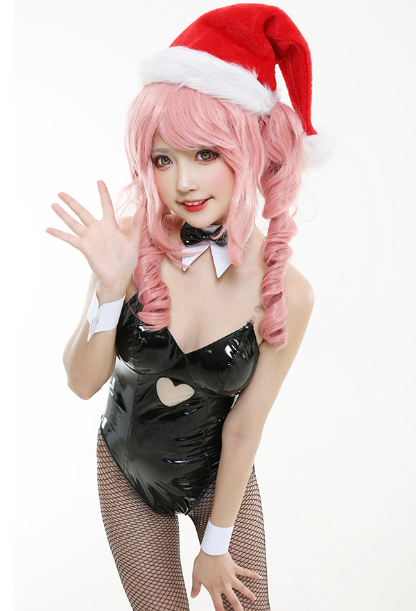 Bunny Girl Fascinating One-Piece Bodysuit PU Leather Heart Shaped Hollow Out Front Bodycon Bodysuit Full set