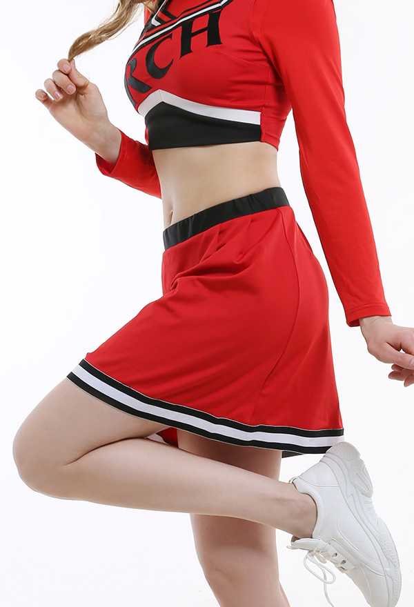 Women RCH Pattern Party Uniform Red Long Sleeved High Collar Top and Skirt Cheerleader Halloween Performance Costume