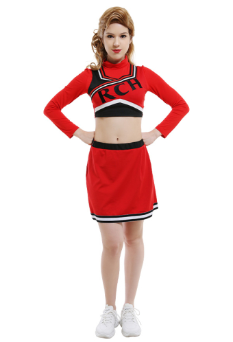 Women RCH Pattern Party Uniform Red Long Sleeved High Collar Top and Skirt Cheerleader Halloween Performance Costume