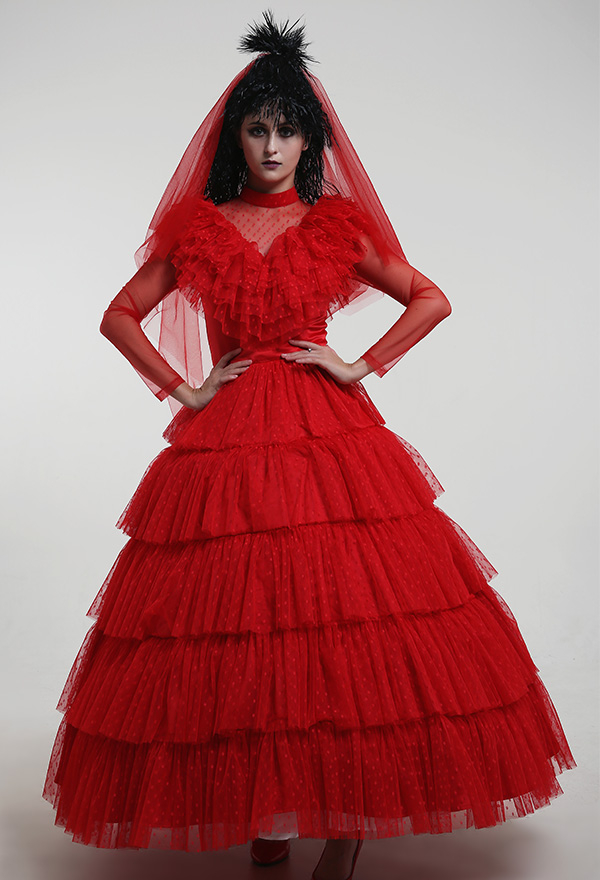 Lydia's Heartbeat Gothic Red Wedding Dress Back Adjustable Multiple Layer Dress With Headdress