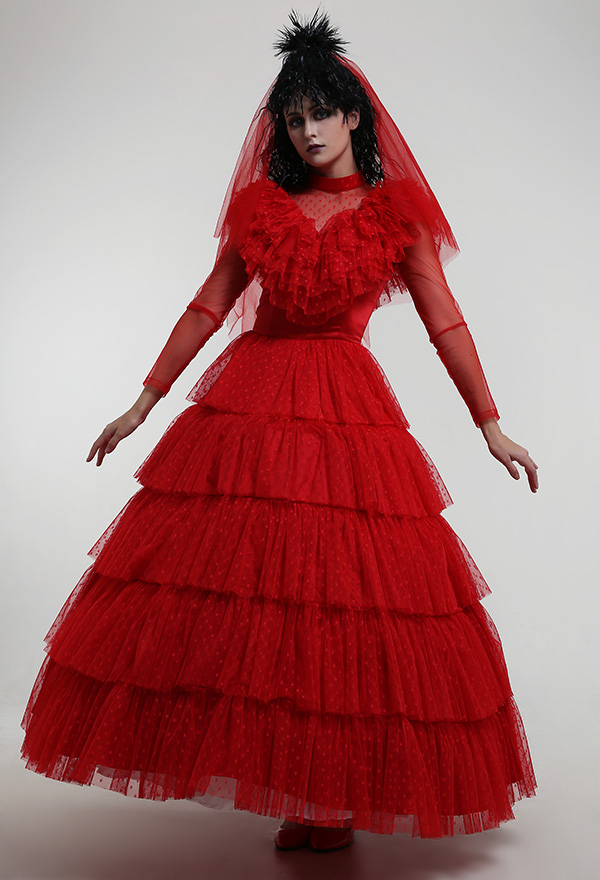 Lydia's Heartbeat Gothic Red Wedding Dress Back Adjustable Multiple Layer Dress With Headdress