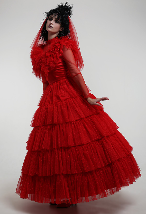 Lydia's Heartbeat Gothic Red Wedding Dress Back Adjustable Multiple Layer Dress With Headdress