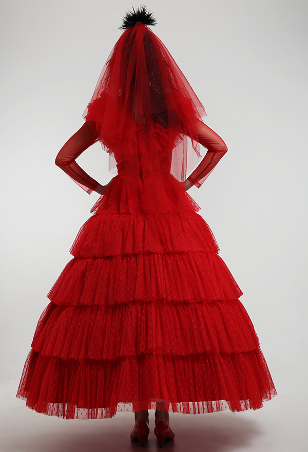 Lydia's Heartbeat Gothic Red Wedding Dress Back Adjustable Multiple Layer Dress With Headdress