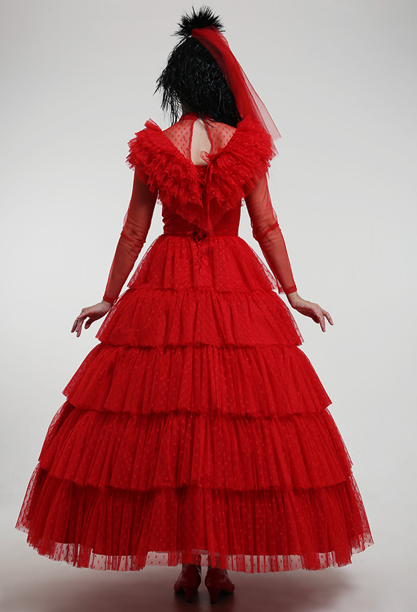 Lydia's Heartbeat Gothic Red Wedding Dress Back Adjustable Multiple Layer Dress With Headdress